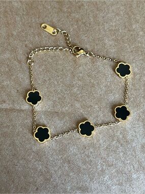 Gold Chain Bracelet with Black flowers